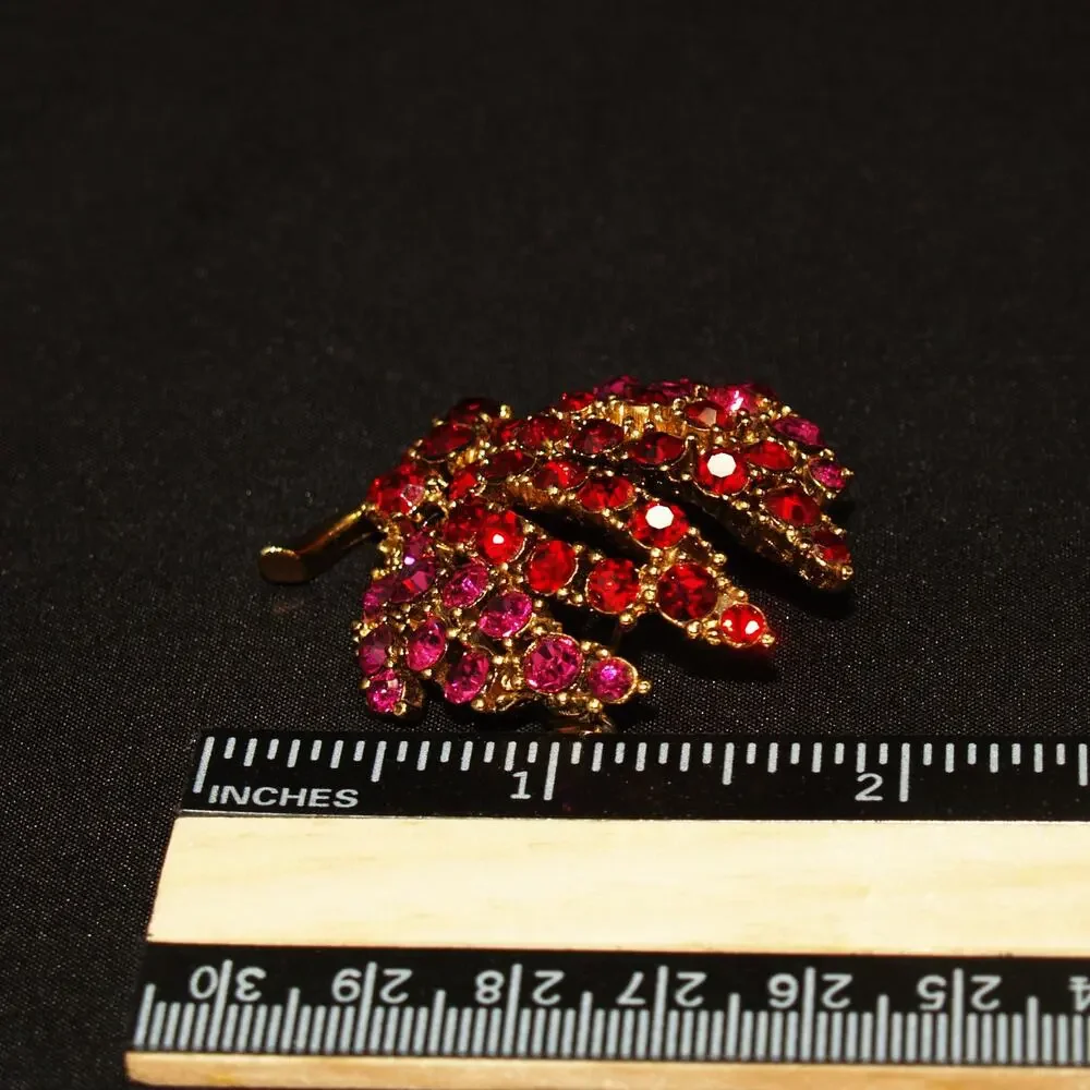 Vintage Floral Red Pink Rhinestone Brooch, Gold Tone, 1990s Jewelry